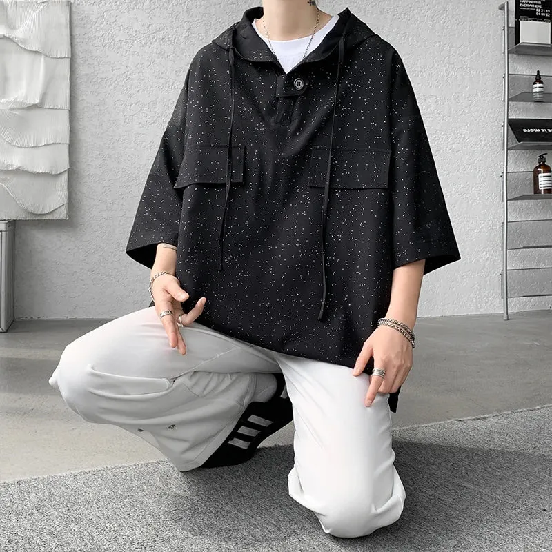 Wiaofellas  -  Summer Hooded Short Sleeve T-shirt Korean Fashion Tshirt Y2K Streetwear Oversize Tee Tops Drawstring Men Clothing 5XL-M