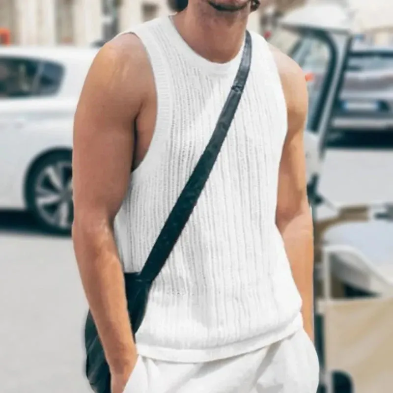 Wiaofellas  -  Summer Thin Knitted Tank Tops For Mens Casual Solid Color Slim Crew Neck Sleeveless Camisoles Men Streetwear Fashion Knit Vests