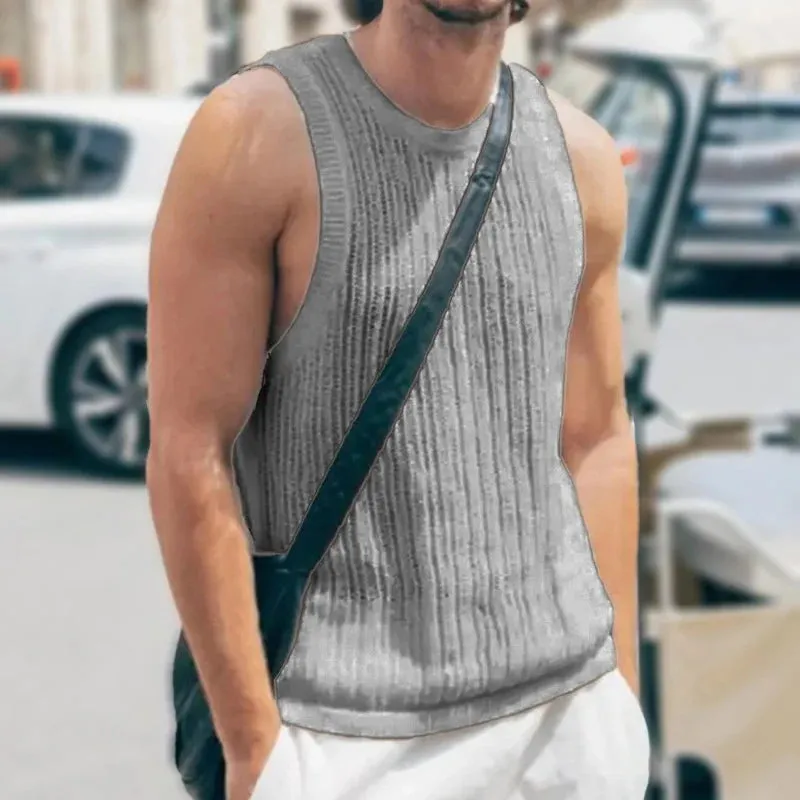 Wiaofellas  -  Summer Thin Knitted Tank Tops For Mens Casual Solid Color Slim Crew Neck Sleeveless Camisoles Men Streetwear Fashion Knit Vests