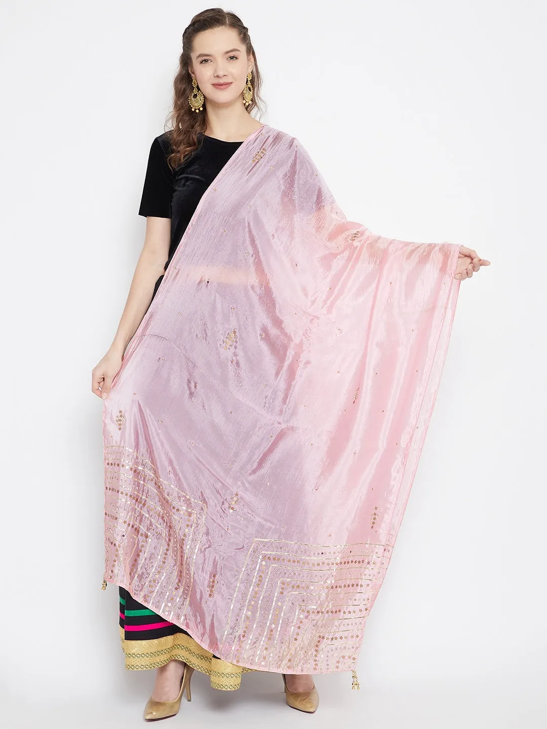 Women Baby Pink Embellished Silk Dupatta