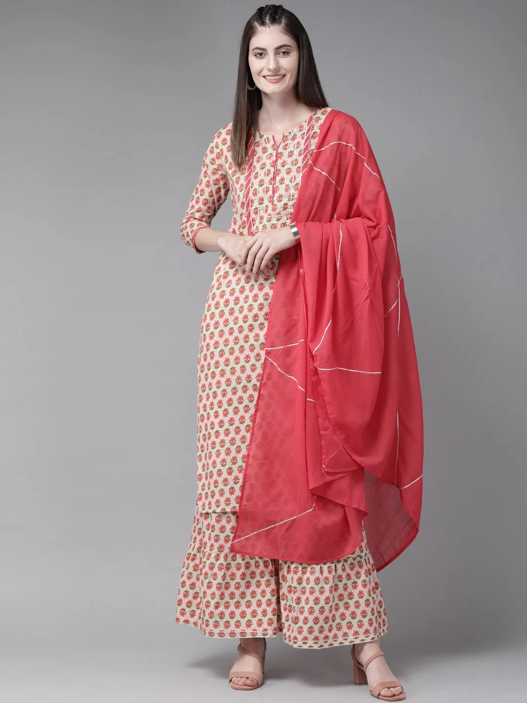 Women Beige And Peach Printed Dupatta Set