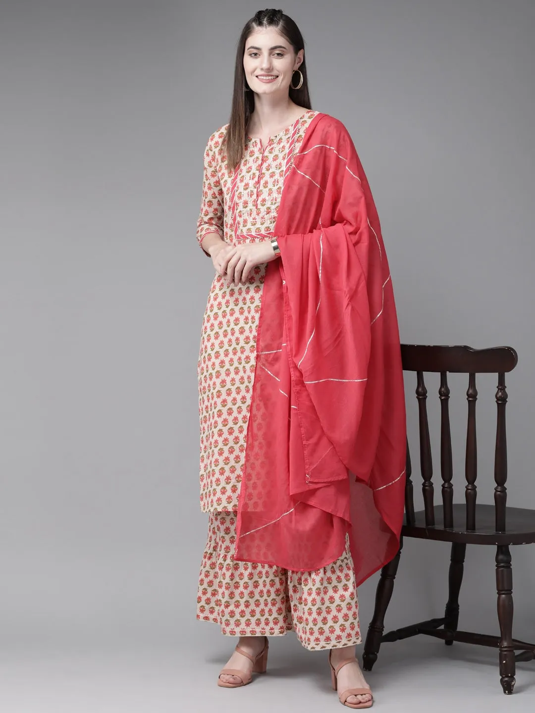 Women Beige And Peach Printed Dupatta Set