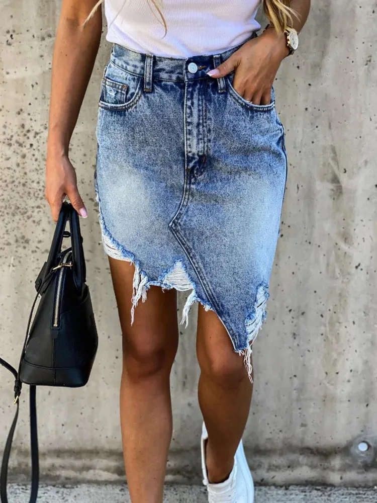 Women High Waist Ripped Shorts Skirt Jeans Lady Denim Skirt