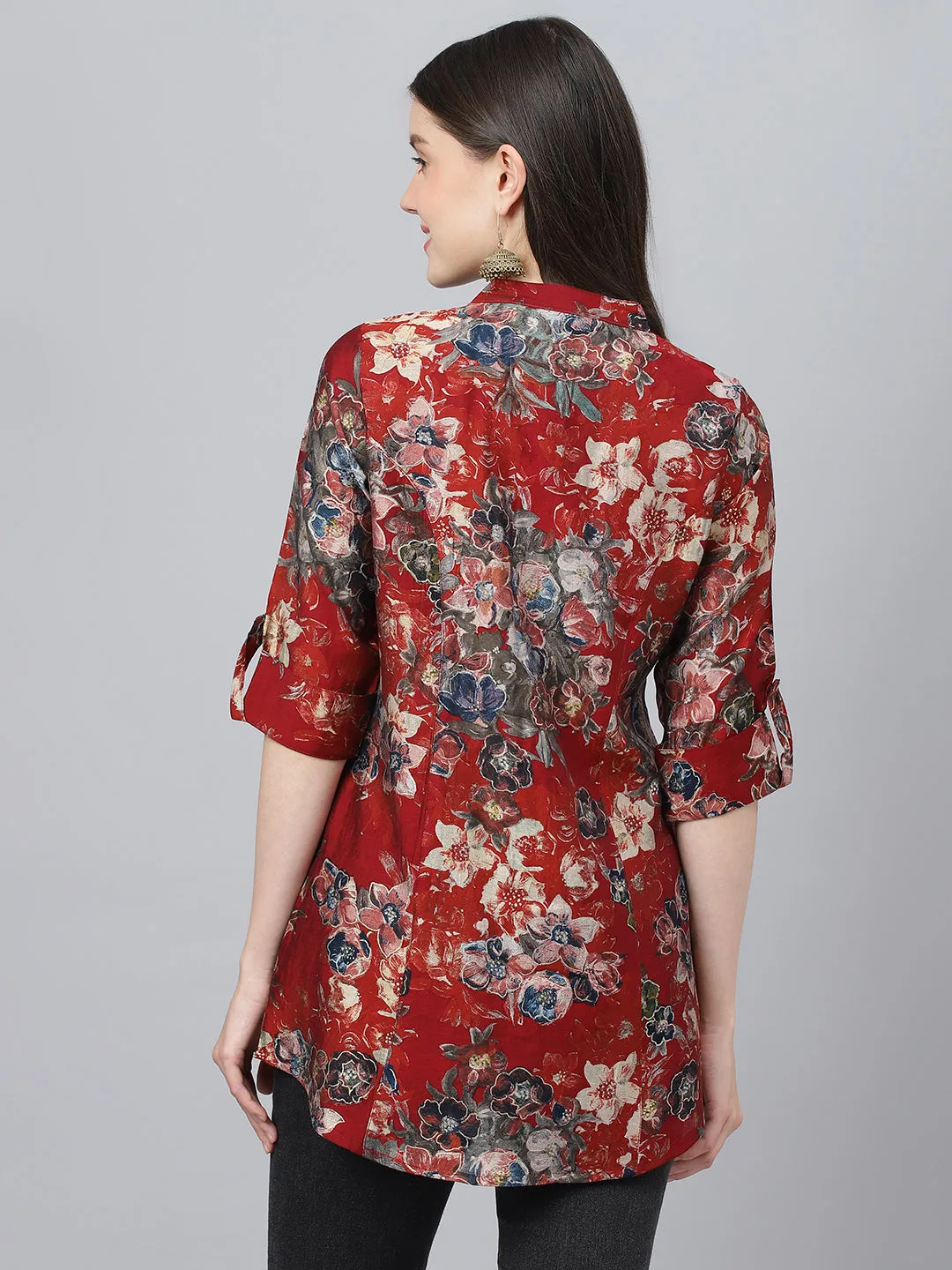 Women Maroon Floral Printed Modal A-Line Shirts Style Top