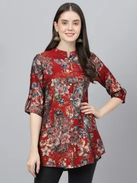 Women Maroon Floral Printed Modal A-Line Shirts Style Top