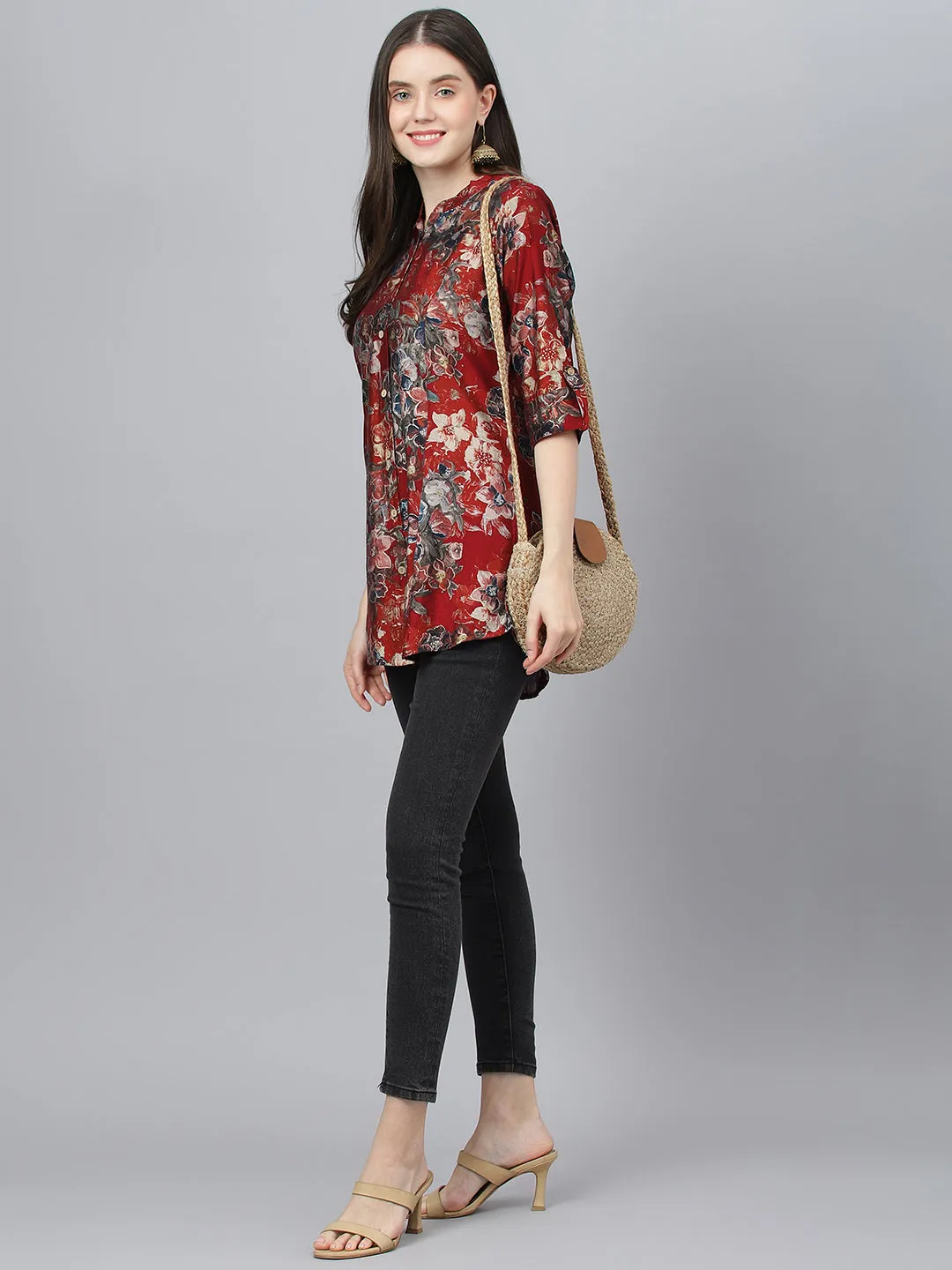 Women Maroon Floral Printed Modal A-Line Shirts Style Top