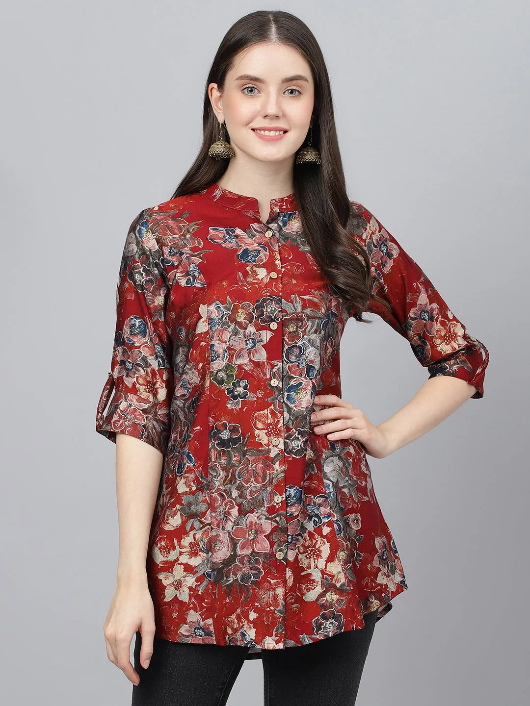 Women Maroon Floral Printed Modal A-Line Shirts Style Top