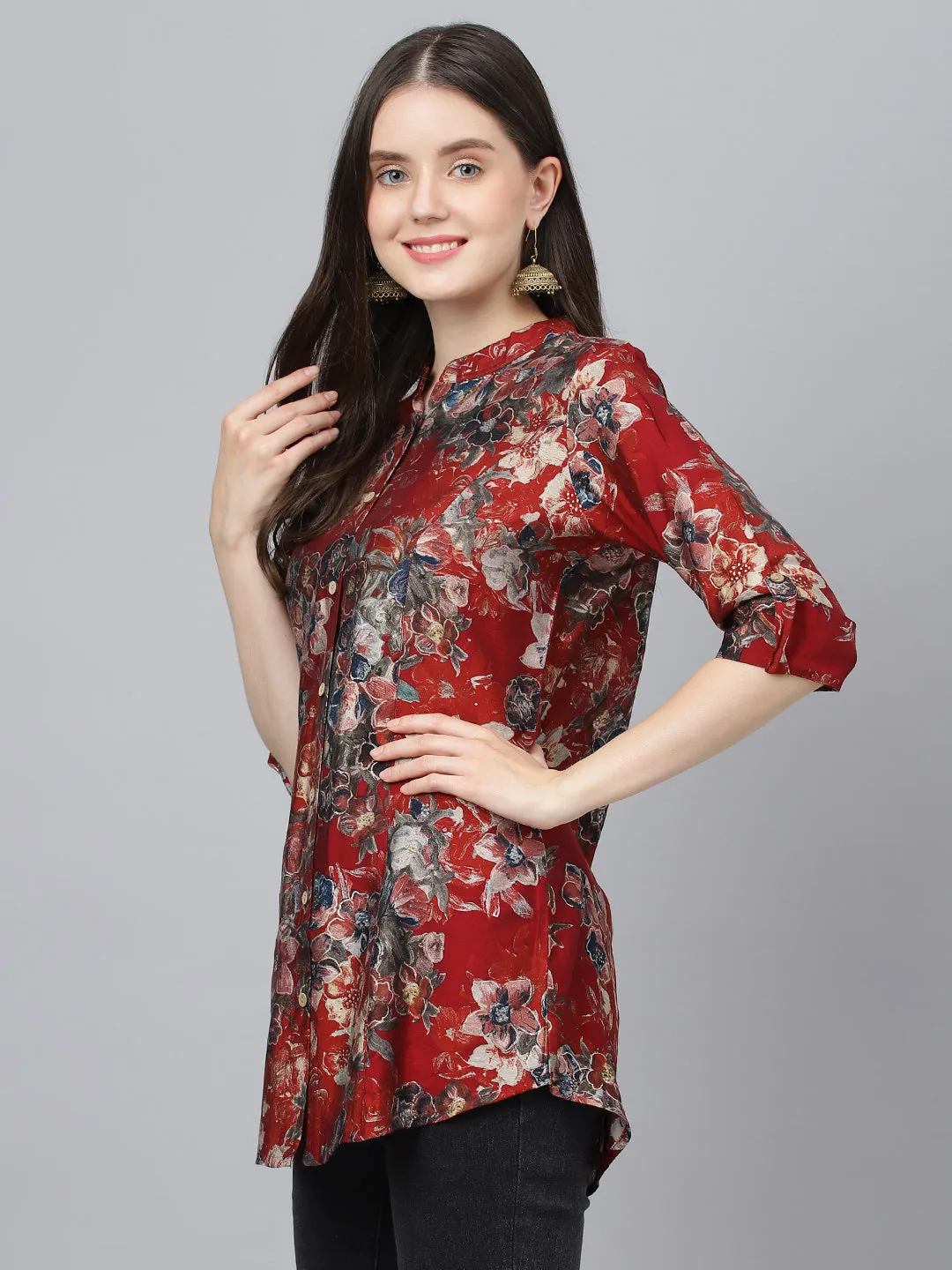 Women Maroon Floral Printed Modal A-Line Shirts Style Top