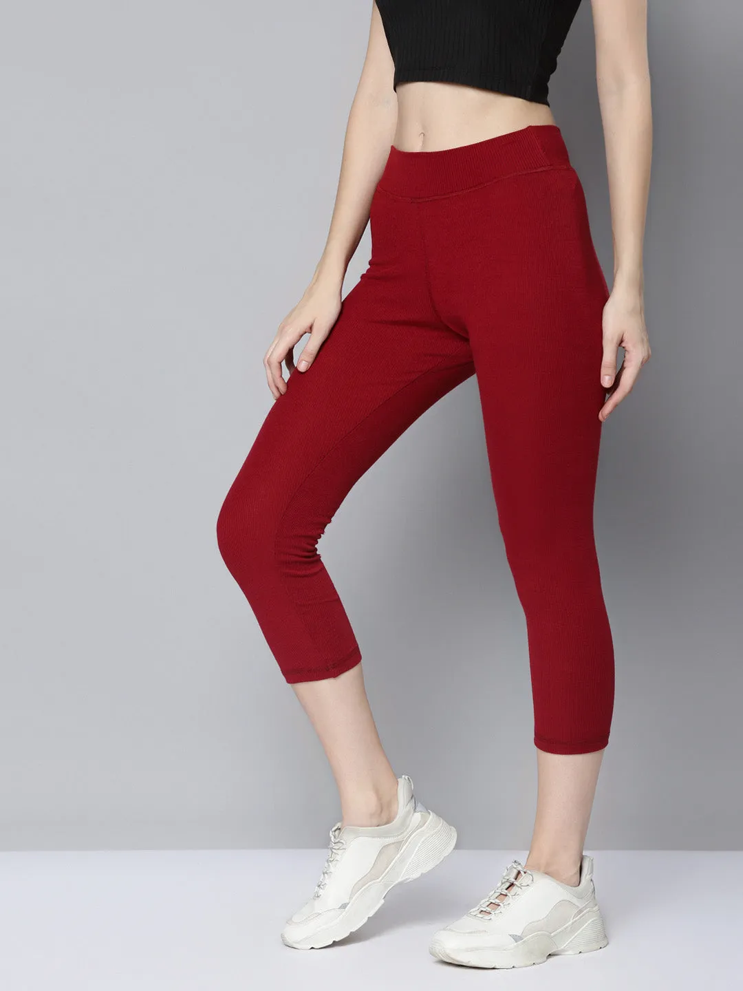 Women Maroon Rib Ankle Length Active Tights