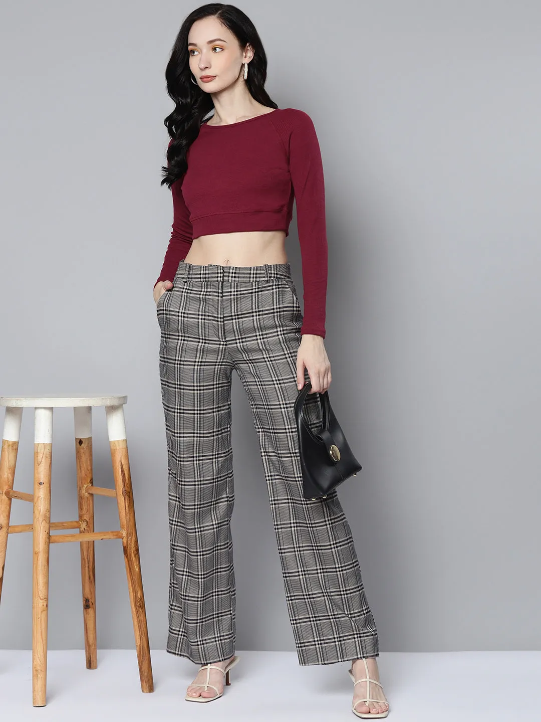 Women Maroon Rib Full Sleeve Active Crop Top