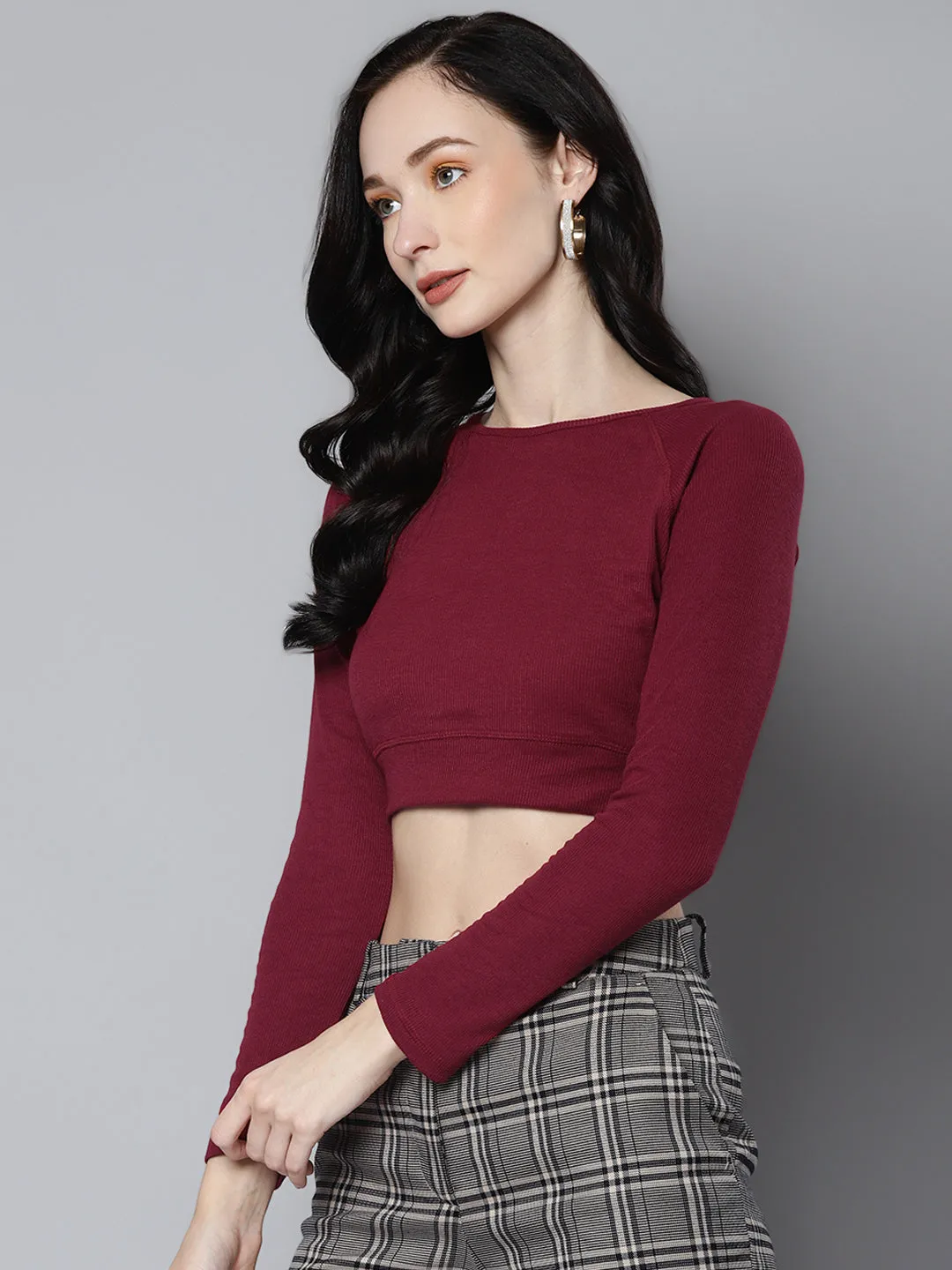 Women Maroon Rib Full Sleeve Active Crop Top