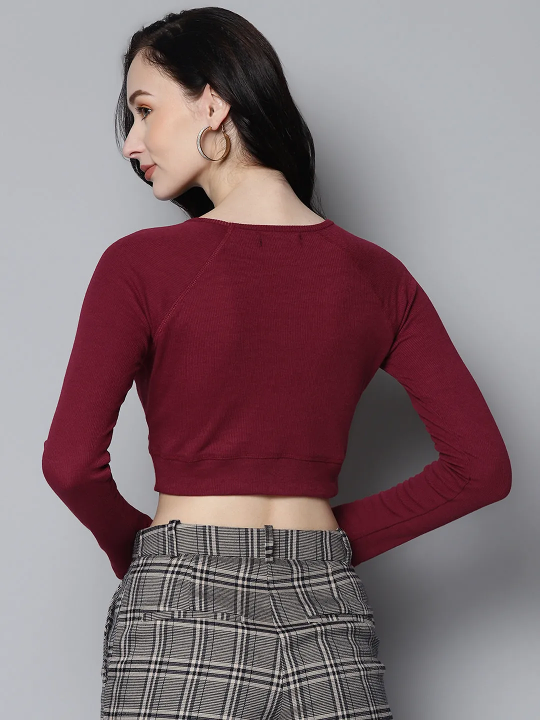 Women Maroon Rib Full Sleeve Active Crop Top