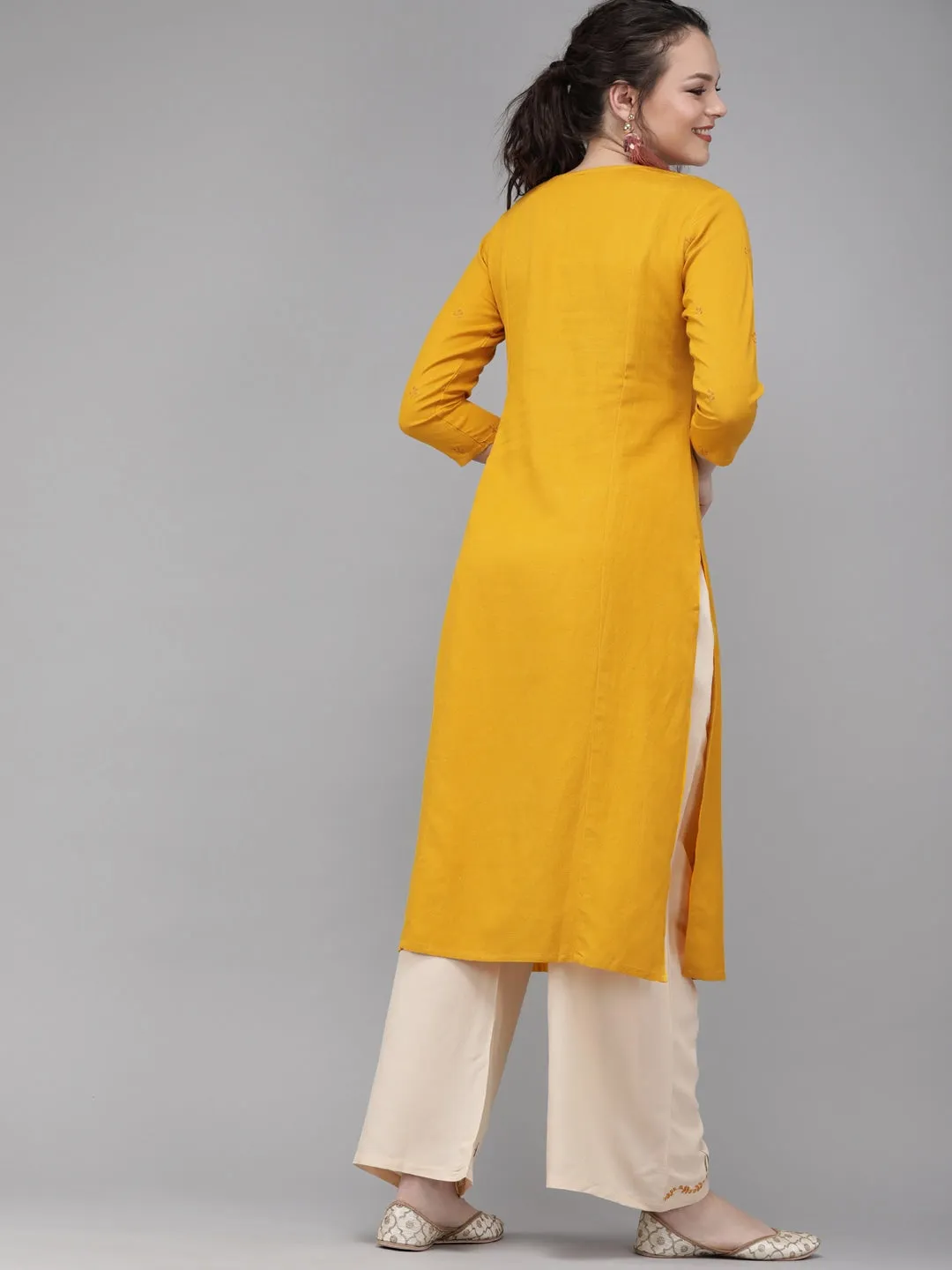 Women Mustard & Cream Embroidered Kurta Set