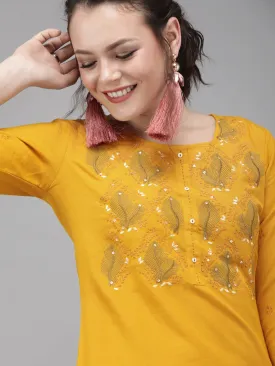 Women Mustard & Cream Embroidered Kurta Set