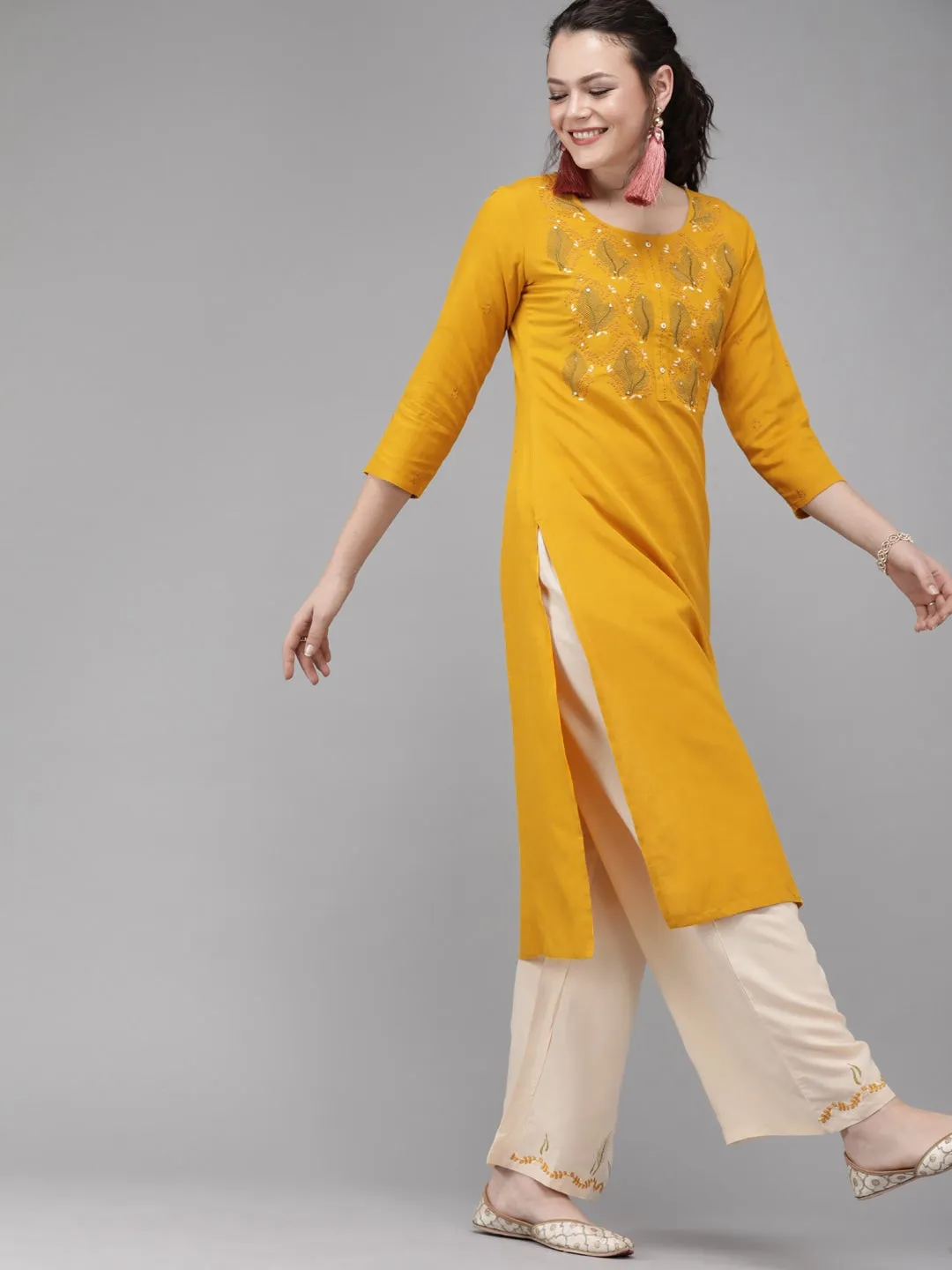 Women Mustard & Cream Embroidered Kurta Set