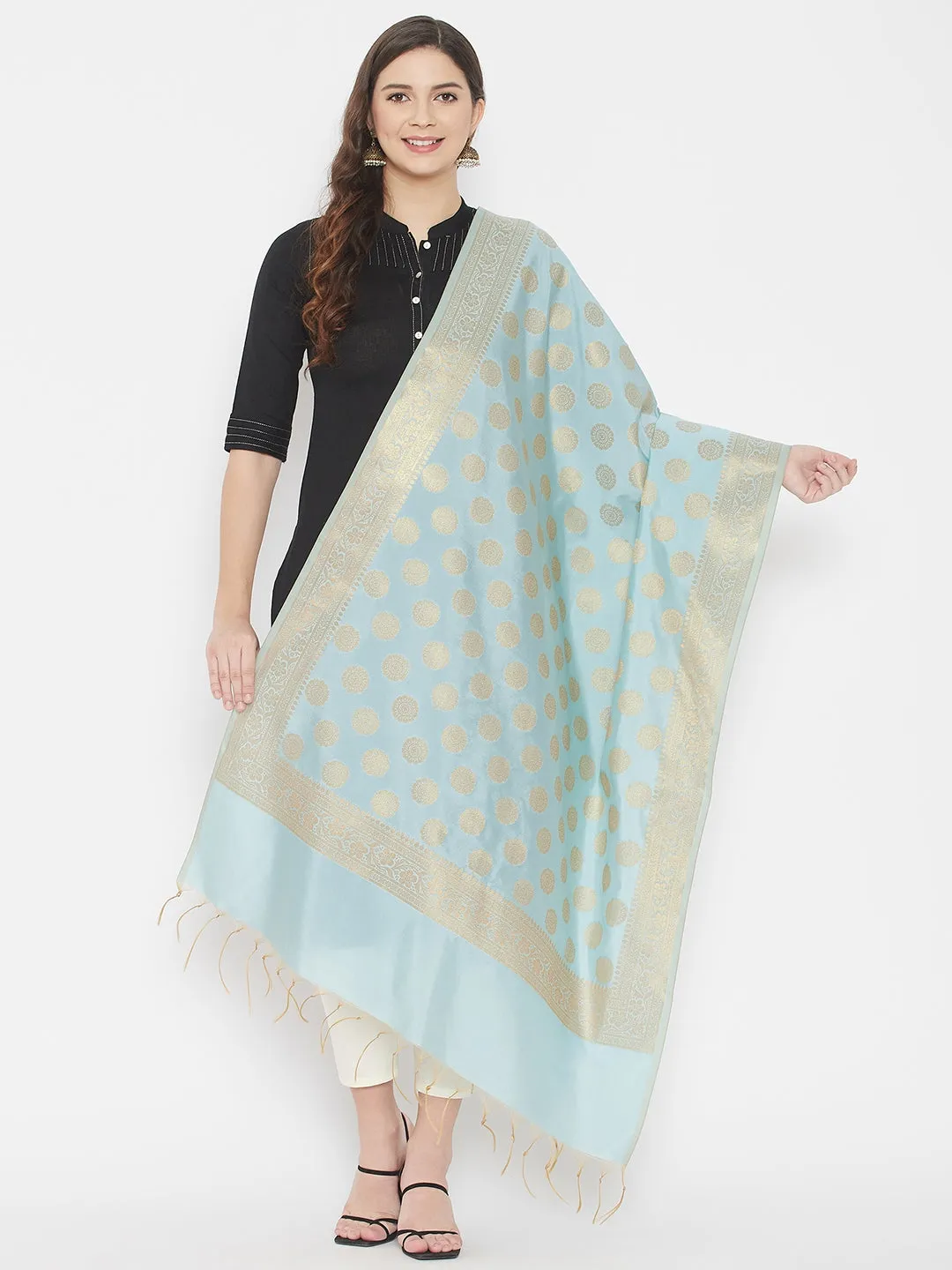 Women Sky Blue Banarsi Silk Dupatta