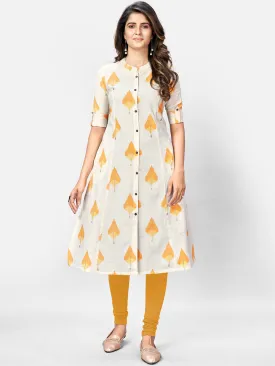 Women'S Beige Printed A-Line Cotton Kurta- (1Pc Set)