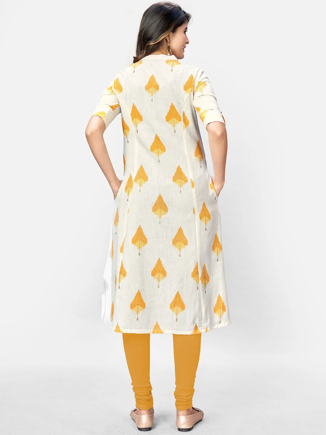 Women'S Beige Printed A-Line Cotton Kurta- (1Pc Set)