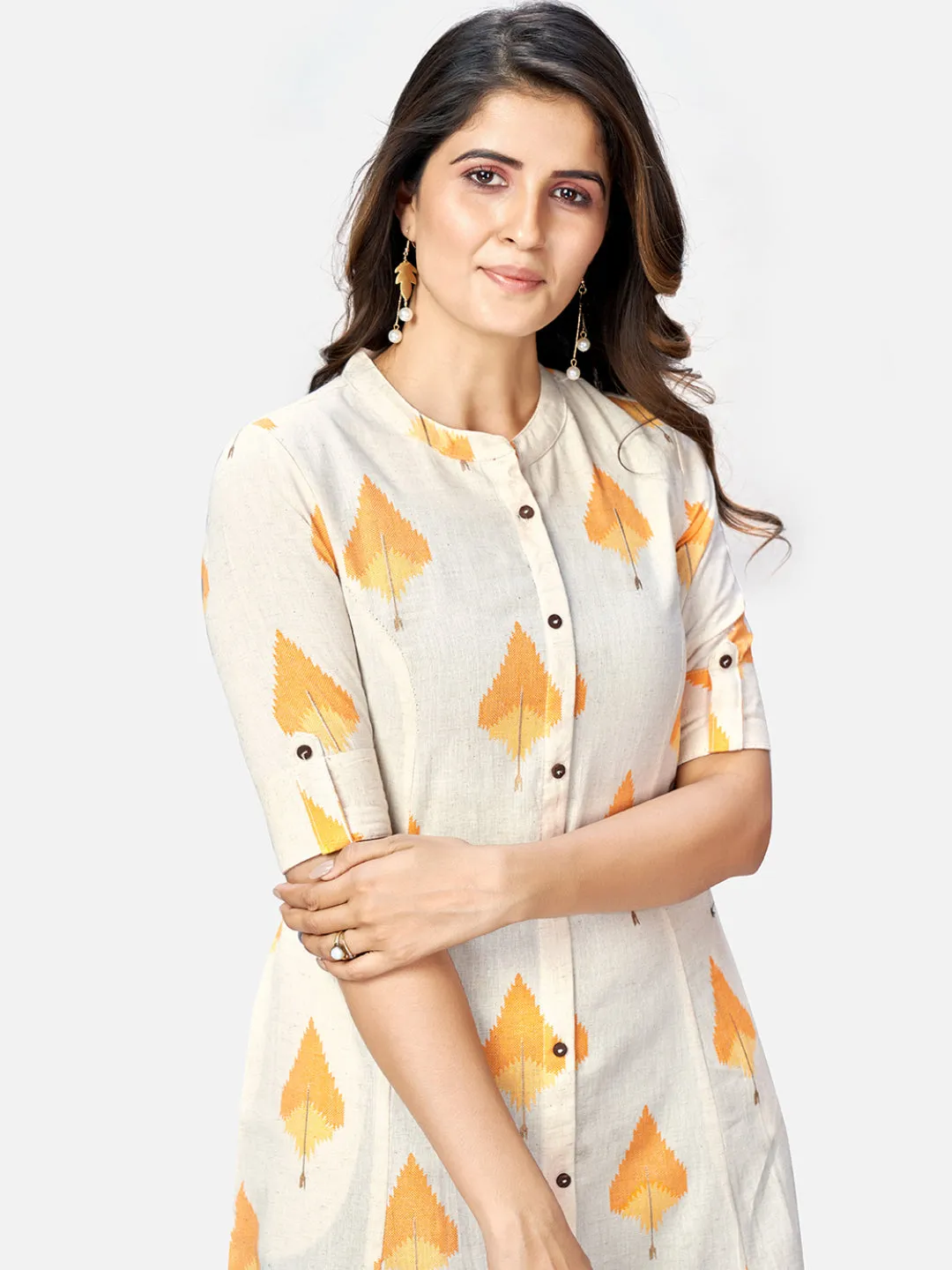 Women'S Beige Printed A-Line Cotton Kurta- (1Pc Set)