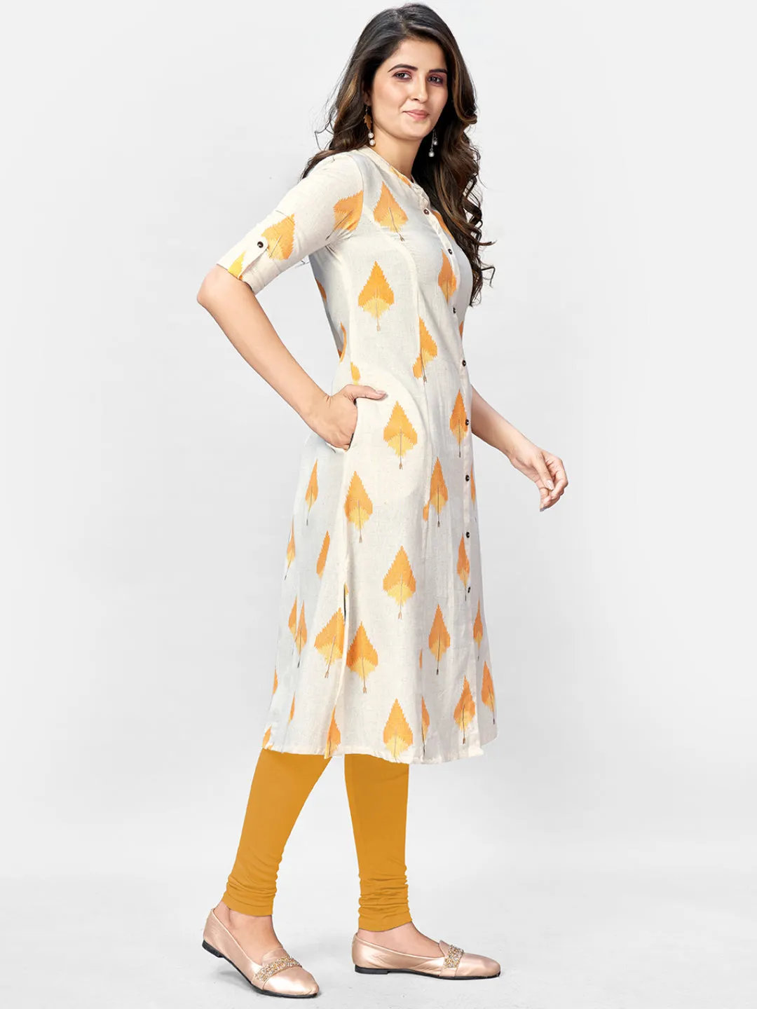 Women'S Beige Printed A-Line Cotton Kurta- (1Pc Set)