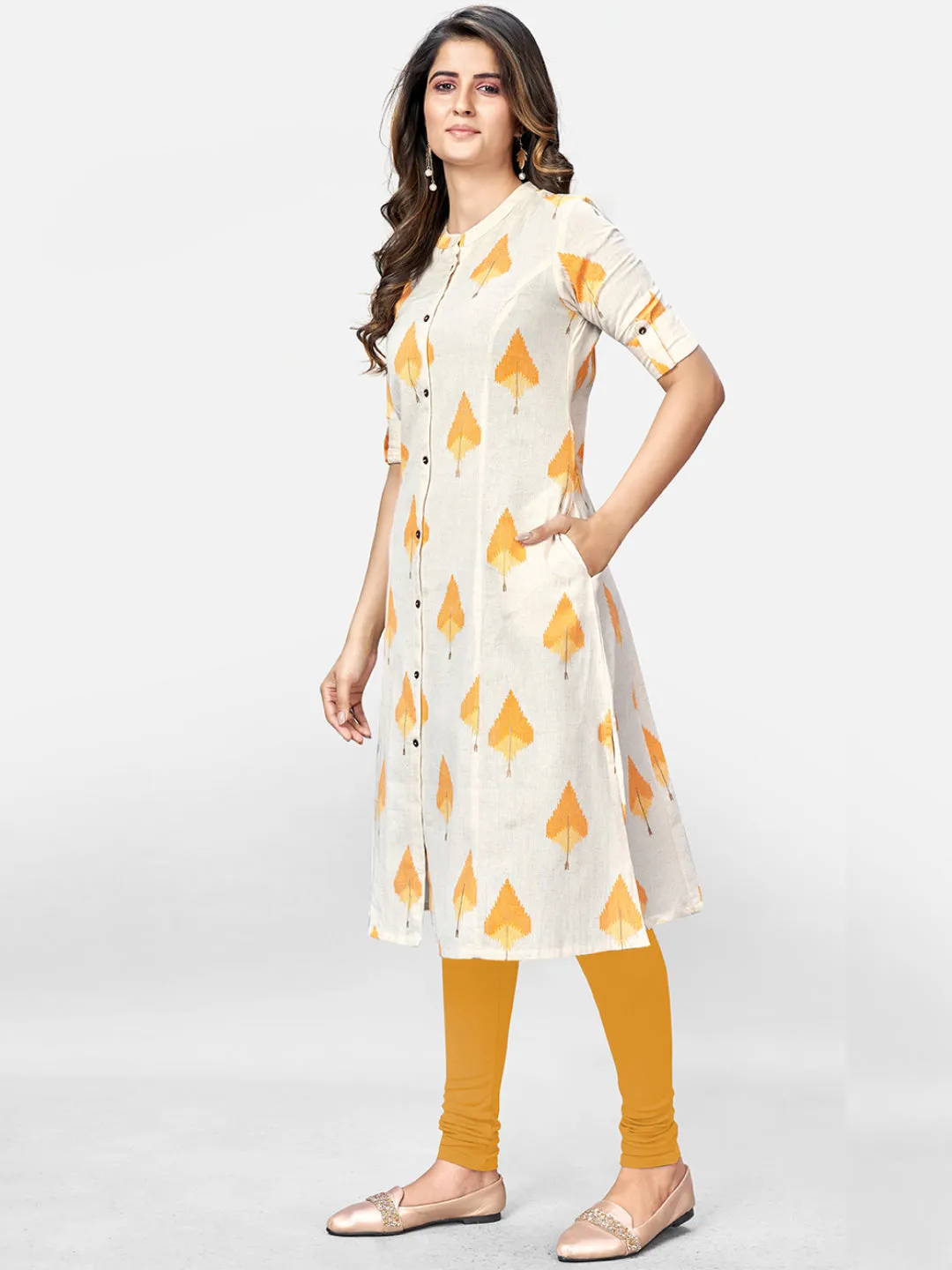 Women'S Beige Printed A-Line Cotton Kurta- (1Pc Set)