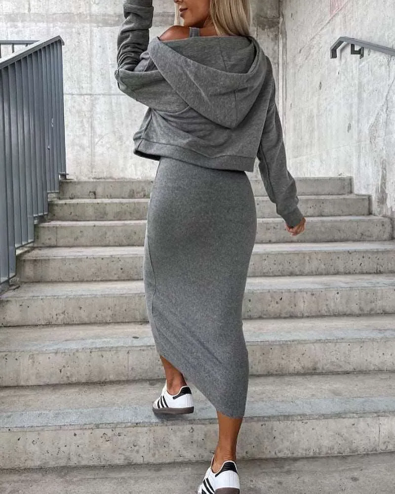 Women's Casual Tight Dress with Cropped Hoodie Two-piece Outfit Set