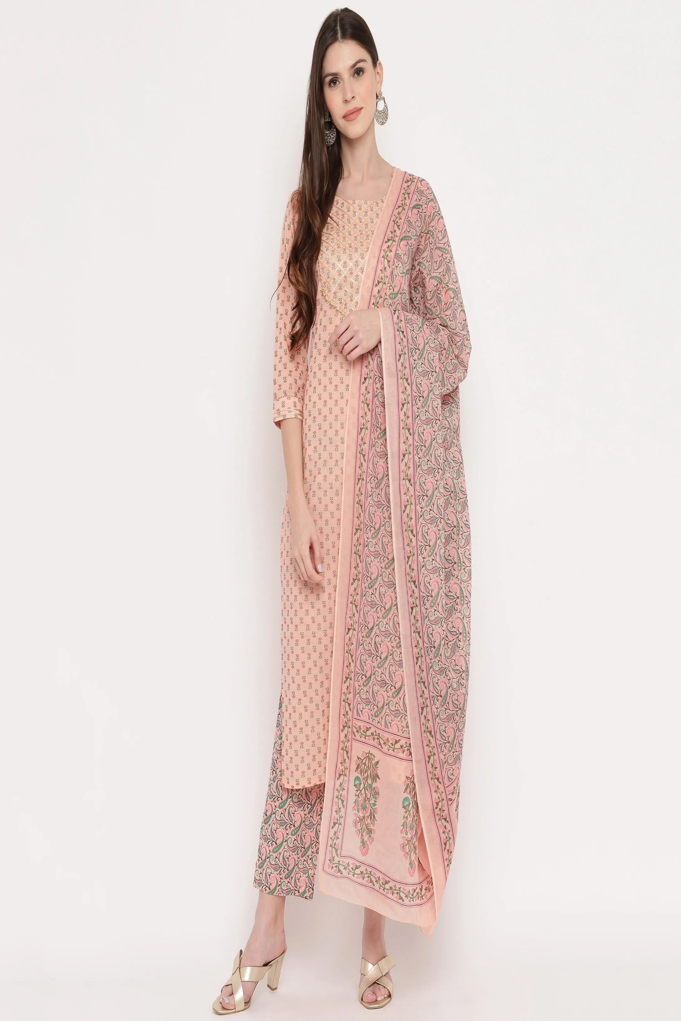 Women'S Foil Print & Gota Patti Work Straight Cotton Peach Kurta,Pant & Dupatta