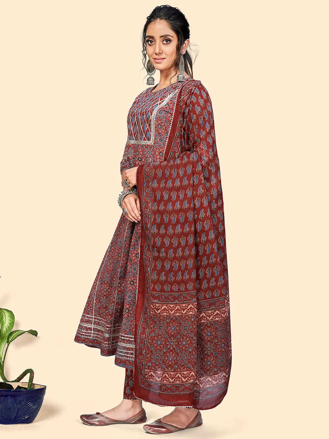 Women'S Viscose Printed & Gota Patti Anarkali Stitched Kurta Pant With Dupatta