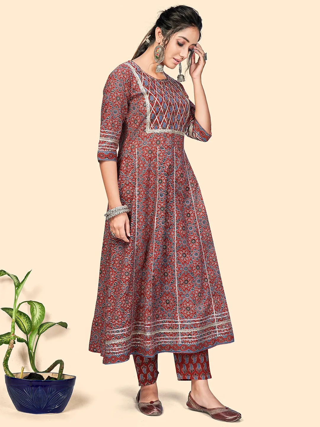 Women'S Viscose Printed & Gota Patti Anarkali Stitched Kurta Pant With Dupatta