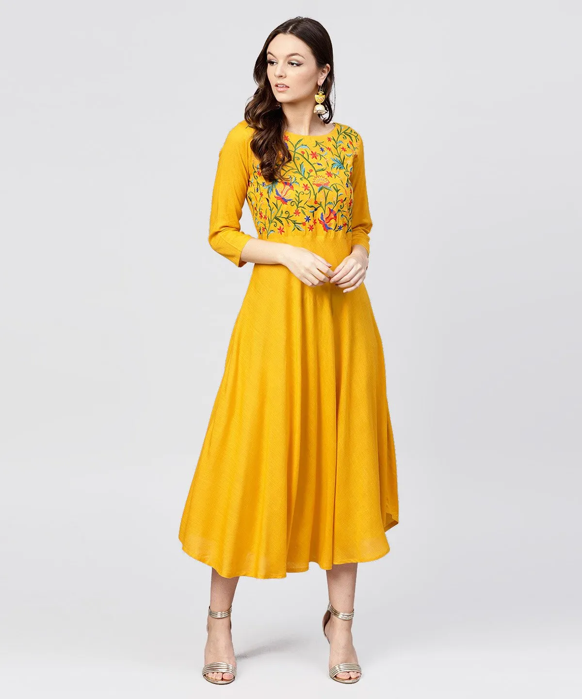 Yellow Round Neck Embroidered Full Sleeves Rayon Maxi Dress