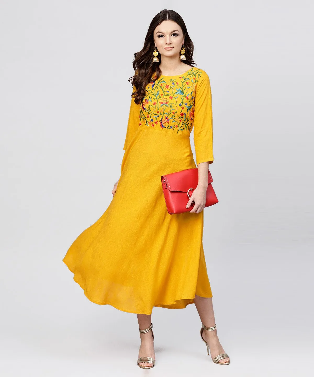 Yellow Round Neck Embroidered Full Sleeves Rayon Maxi Dress