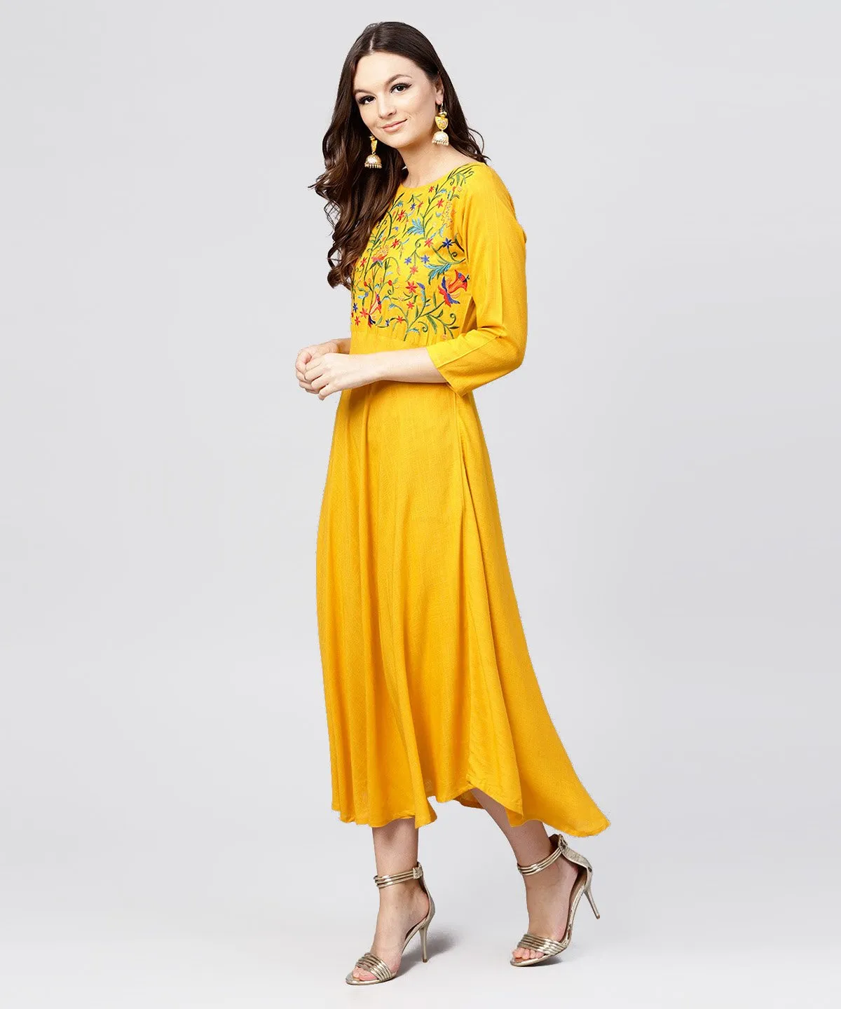 Yellow Round Neck Embroidered Full Sleeves Rayon Maxi Dress